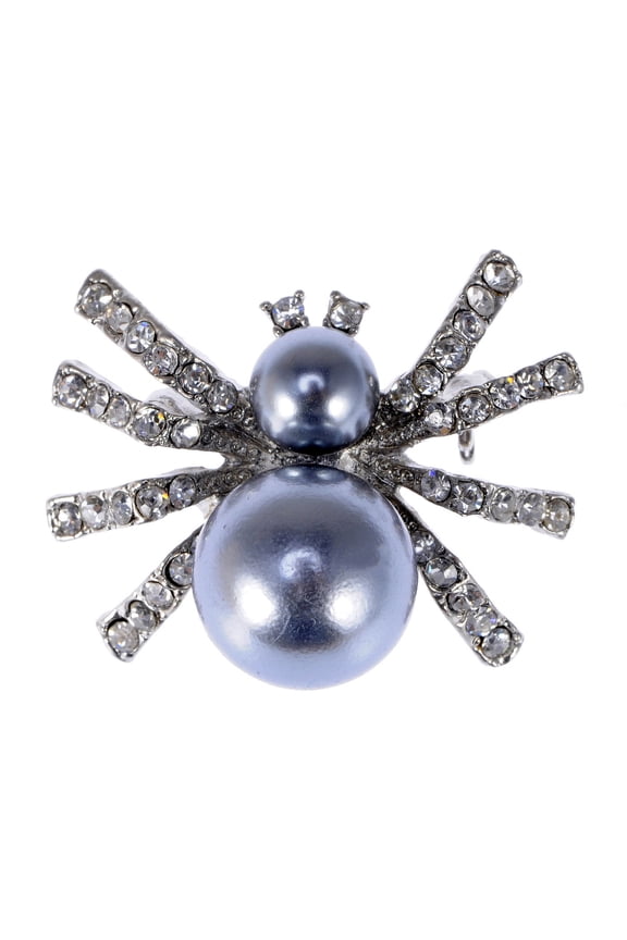 Cute Petite Faux Pearl Clear Crystal Rhinestone Spider Halloween Pin Brooch