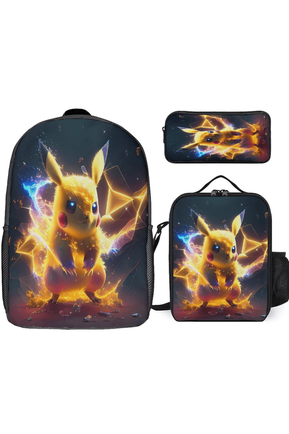 Cute Pi-ka Yellow Elf Three-Piece Backpack Set: Includes A High-Quality Backpack Lunch Bag And Pencil Case One size