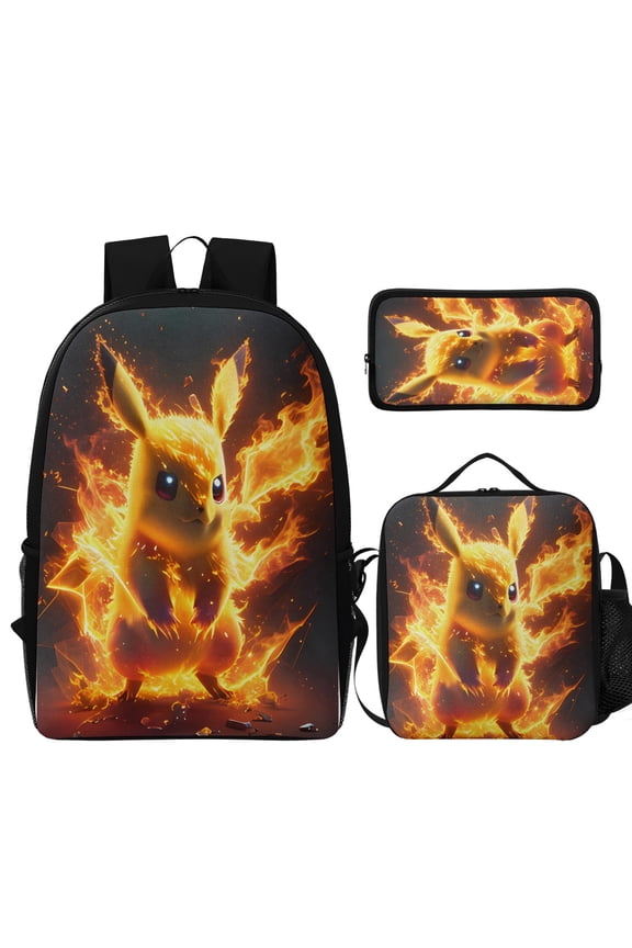 Cute Pi-ka Yellow Elf Three-Piece Backpack Set: Includes A High-Quality Backpack Lunch Bag And Pencil Case One size
