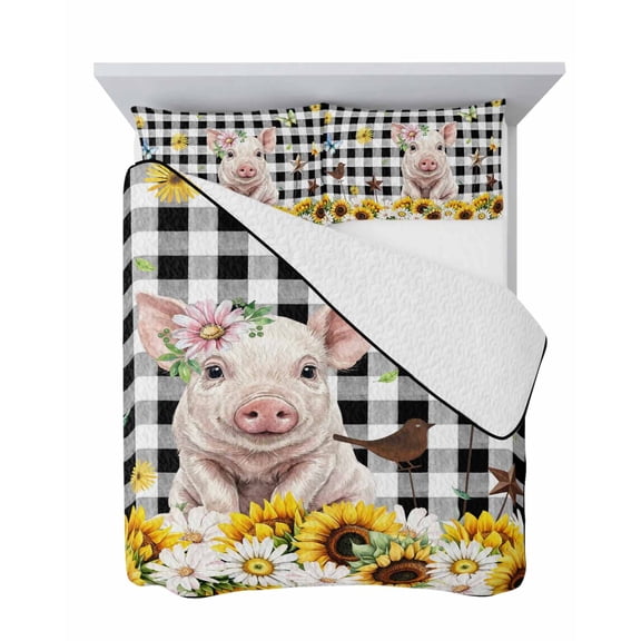 Cute Pig 3 Piece Quilt Set Twin Size, Yellow Sunflower Daisy Black Plaid Bird Butterfly Field Soft Bedspread Coverlet Bedding Set Microfiber Lightweight Comforter Set with 2 Pillowcases for Bedroom