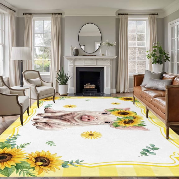 Cute Pig 5'x8' Rug for Bedroom Under Queen Bed Placement, Sunflower Daisy Yellow Plaid Summer Field Non Slip Large Rectangle Area Rug, Machine Washable Indoor Outdoor Mat