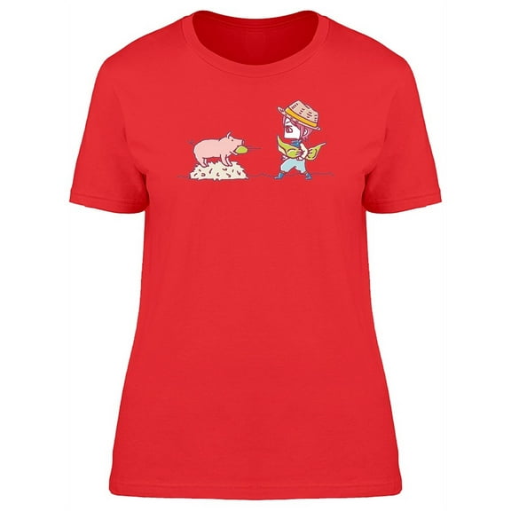 Cute Pig And Farmer Cartoon Tee Women's -Image by Shutterstock