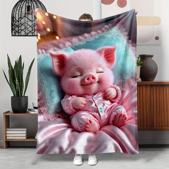 Cute Pig Bedspread Throw Blanket Soft Beige Suitable for Bed & Sofa Adorable Pig Machine Washable Cozy Comforter All Season Gift Idea for 2D Flat