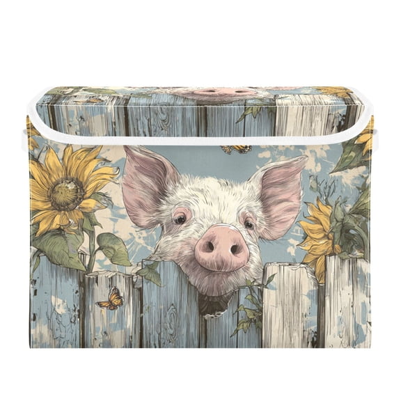 Cute Pig Behind Fence Sunflowers Vintage Foldable Storage Bins with Lids Handles Collapsible Storage Containers Tote Boxes 16.5 x 12.6 x 11.8 inches