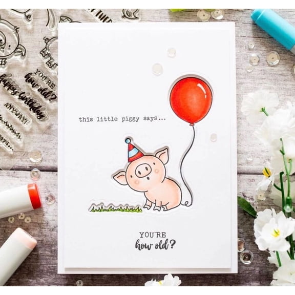 Cute Pig Birthday Card "This Little Piggy Says... You're How Old?" Design Perfect for All Ages, Blank Inside, Includes Envelope
