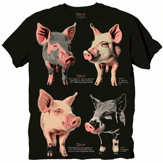 Cute Pig Breeds Graphic Tee Unique Pig Designs on Black Shirt Detailed ...