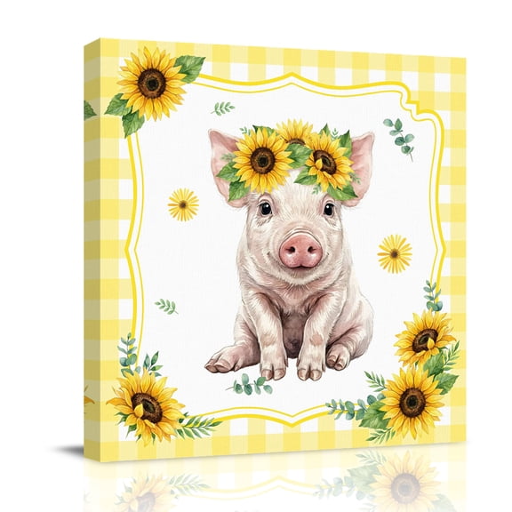 Cute Pig Canvas Wall Art for Living Room, Sunflower Daisy Yellow Plaid Summer Field Poster Print Painting for Bedroom Office Home Decoration Wall Pictures Prepare To Hang 8"x8"