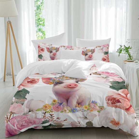 Cute Pig Comforter Set Full Size, Spring Pink Watercolor Floral Animal Wildflower Soft Bedding Set for Man Woman, 4 Pieces Duvet Cover Set with Fitted Sheet, 2 Pillowcases