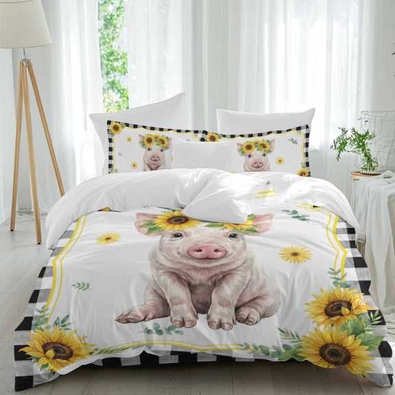 Cute Pig Comforter Set Queen Size, Yellow Sunflower Daisy Black Plaid Summer Field Soft Bedding Set for Man Woman, 4 Pieces Duvet Cover Set with Fitted Sheet, 2 Pillowcases