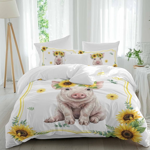 Cute Pig Comforter Set Queen Size, Yellow Sunflower Daisy Green Leaf Farm Animal Soft Bedding Set for Man Woman, 4 Pieces Duvet Cover Set with Fitted Sheet, 2 Pillowcases