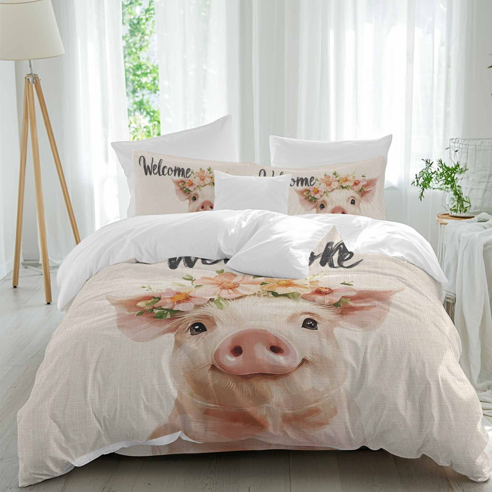 Cute Pig Comforter Set Twin Size, Welcome Garland Rustic Soft Bedding Set for Man Woman, 4 ...