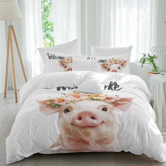 Cute Pig Comforter Set Twin Size, Welcome Garland Soft Bedding Set for Man Woman, 4 Pieces Duvet Cover Set with Fitted Sheet, 2 Pillowcases