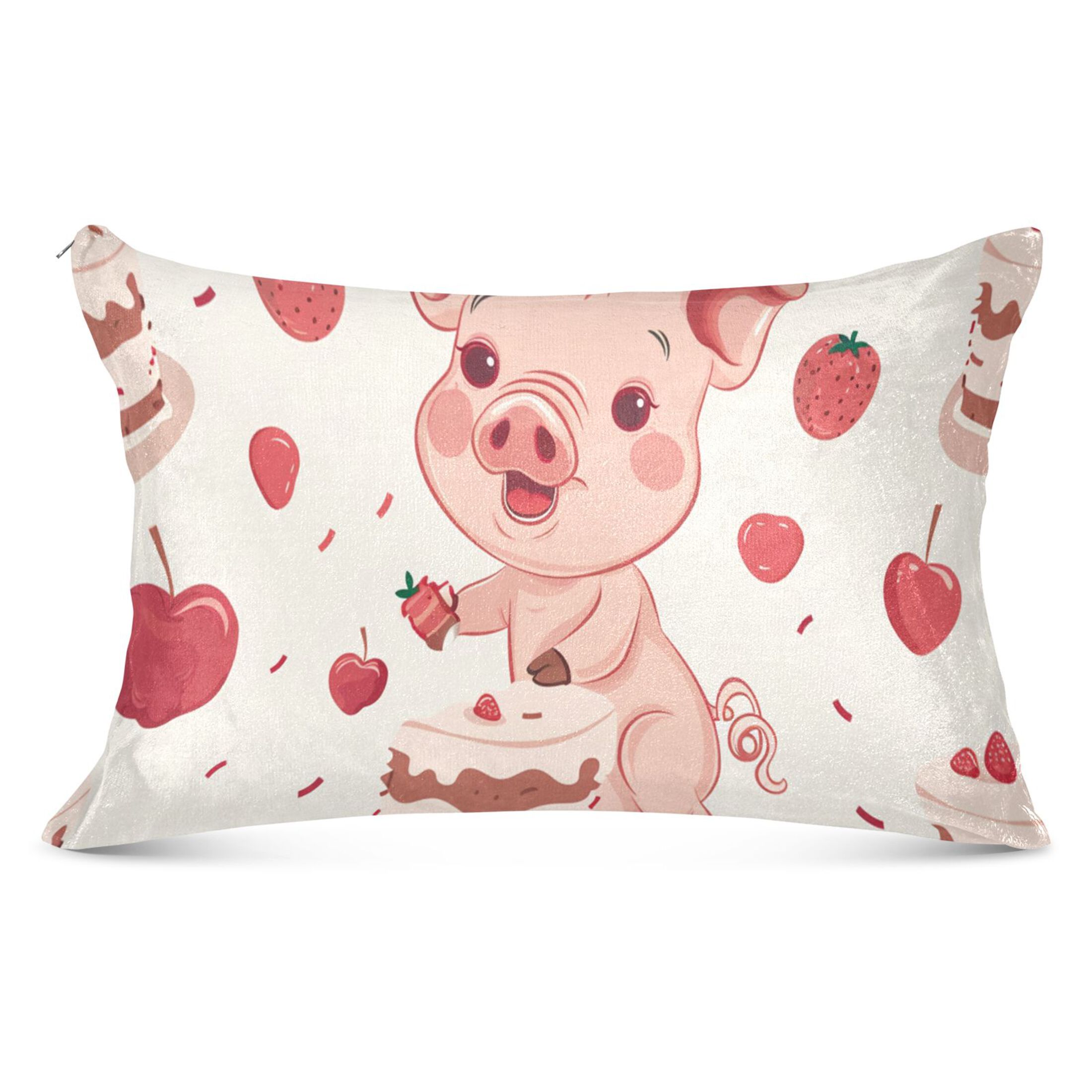 Cute Pig Eating Cake Strawberry Cherry Plush Pillowcase Pillow Slip