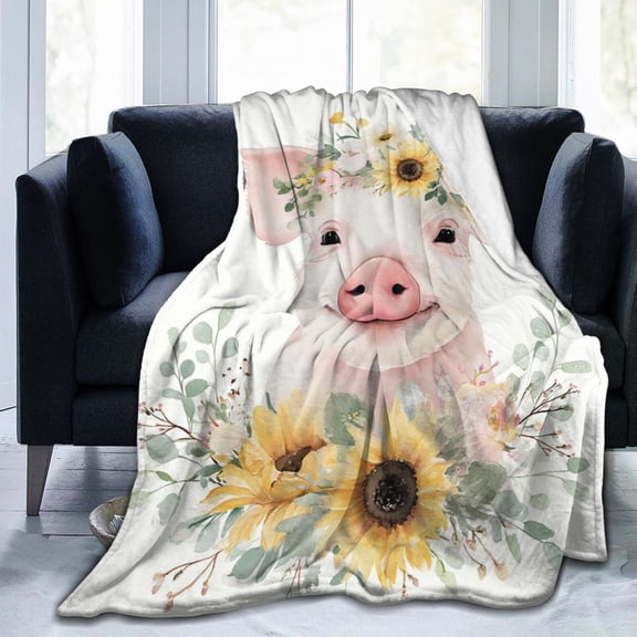 Cute Pig Floral Throw Blanket, Farmhouse Flower Crown Artwork, Playful and Cozy Home Decor 50x40