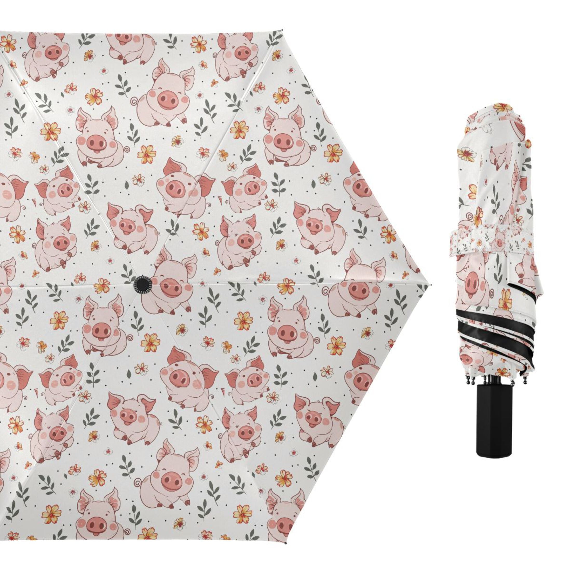 Cute Pig Flower Leaf Compact Sun Umbrella Windproof Travel Umbrellas for Rain Strong Portable UV Protection