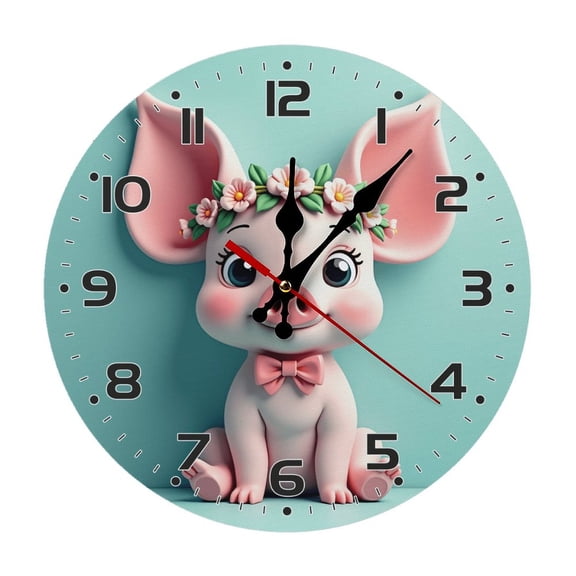 Cute Pig Flower Wall Clock 10 Inch Silent Non Ticking Round Wooden Clock Decoration for Living Room Kitchen Bedroom Bathroom Office Classroom