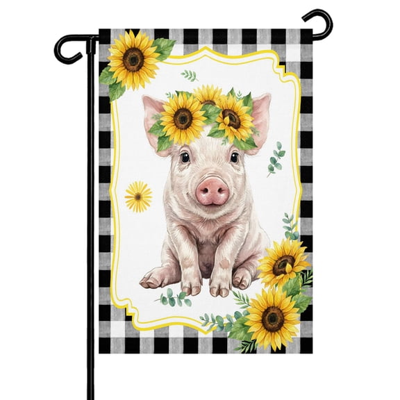 Cute Pig Garden Flag 12x18 Inch Yellow Sunflower Daisy Black Plaid Summer Field Double Sided Small Decorative Garden Flags for Outside, Outdoor Yard Porch Lawn Decoration