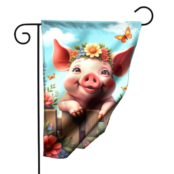Cute Pig Garden Flag with Floral Crown Double Sided Polyester Decorative Outdoor Yard Banner for Spring Summer 12.5 x 18 Inch Vibrant Animal Farmhouse Welcome Sign Butterfly Flower Design#25141