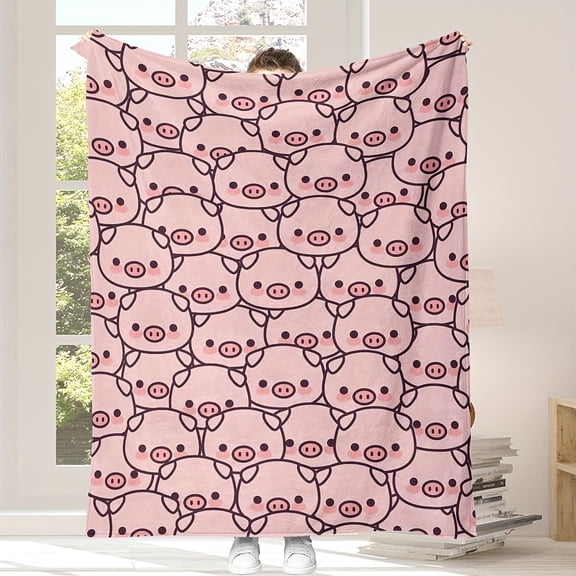 Cute Pig Head Pattern Flannel Throw Blanket Soft Pink Decorative Blanket with Cartoon Pig Design for Bedroom Living Room Sofa Portable Machine Washable All Season Comfort Whimsical Design