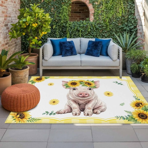 Cute Pig Indoor Outdoor Rugs 3x5 Ft, Sunflower Daisy Yellow Plaid Summer Field Outdoor Patio Rugs Mat Washable Outside Area Rugs Carpet for Porch Deck RV Camping Pool Balcony Backyard