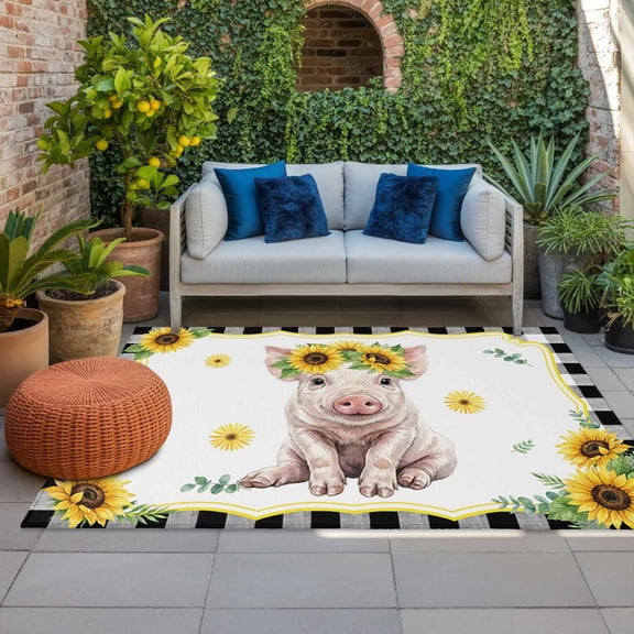 Cute Pig Indoor Outdoor Rugs 4x6 Ft, Yellow Sunflower Daisy Black Plaid Summer Field Outdoor Patio Rugs Mat Washable Outside Area Rugs Carpet for Porch Deck RV Camping Pool Balcony Backyard