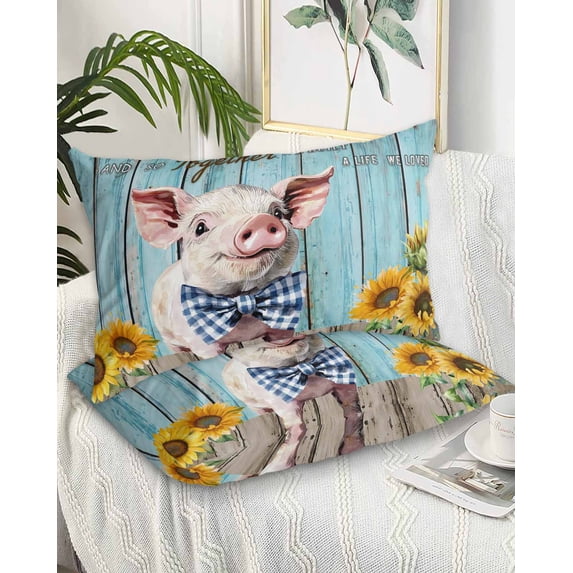 Cute Pig King Pillow Cases Set of 2 - Microfiber Bed Throw Pillow Covers, Yellow Sunflowers Blue Wooden Vintage Art Decorative Lumbar Pillow Cover with Envelope Closure for Sofa/Travel 20"x36"