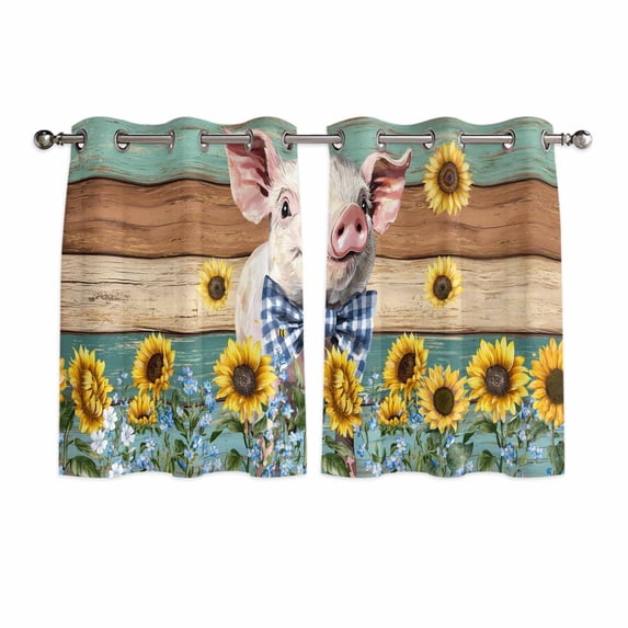 Cute Pig Kitchen Curtains Window Panels, Yellow Sunflowers Teal Brown Wooden Vintage Art Insulated Window Treatment Curtain, Grommet Curtains for Bedroom/Living Room/Bathroom, 2 Piece 52"Wx45"L