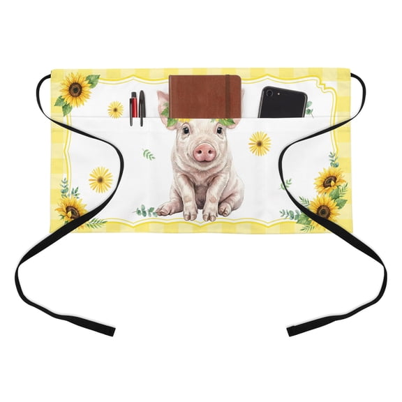 Cute Pig Kitchen Restaurant Half Waist Apron, Sunflower Daisy Yellow Plaid Summer Field Server Short Apron with 3 Pockets Waterproof Oil Waist Aprons for Women Waitress Waiter