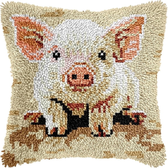 Cute Pig Latch Hook Kits Pillow DIY Pillowcase Crochet Hook Cushion Making Kits with Preprinted Pattern Canvas Instruction Yarns Pillow Cover Easy Starter DIY Crochet Kits 43x43cmf81)