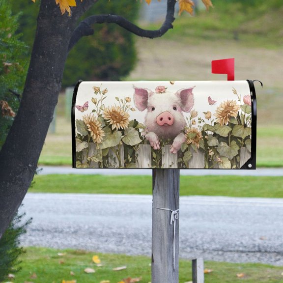 Cute Pig Lean on Fence Flowers Magnetic Mailbox Cover Rust Protection Yard Decor 20.7" x 18.03"