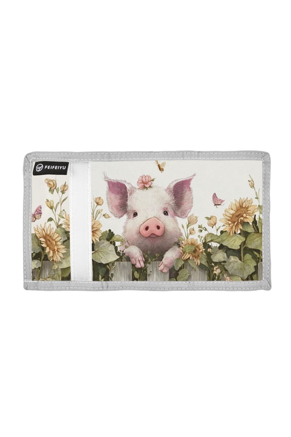 Cute Pig Lean on Fence Flowers Trifold Wallets Card Holders Coin Pockets with Lanyards Portable Unisex