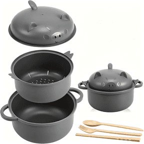 Cute Pig Microwave Ramen Bowl Set, Wheat Straw Noodle Cooker with Steamer Strainer Lid, Spoon, Fork & Chopsticks, Microwave Safe Instant Noodle Bowl for Dorm Office(Gray)