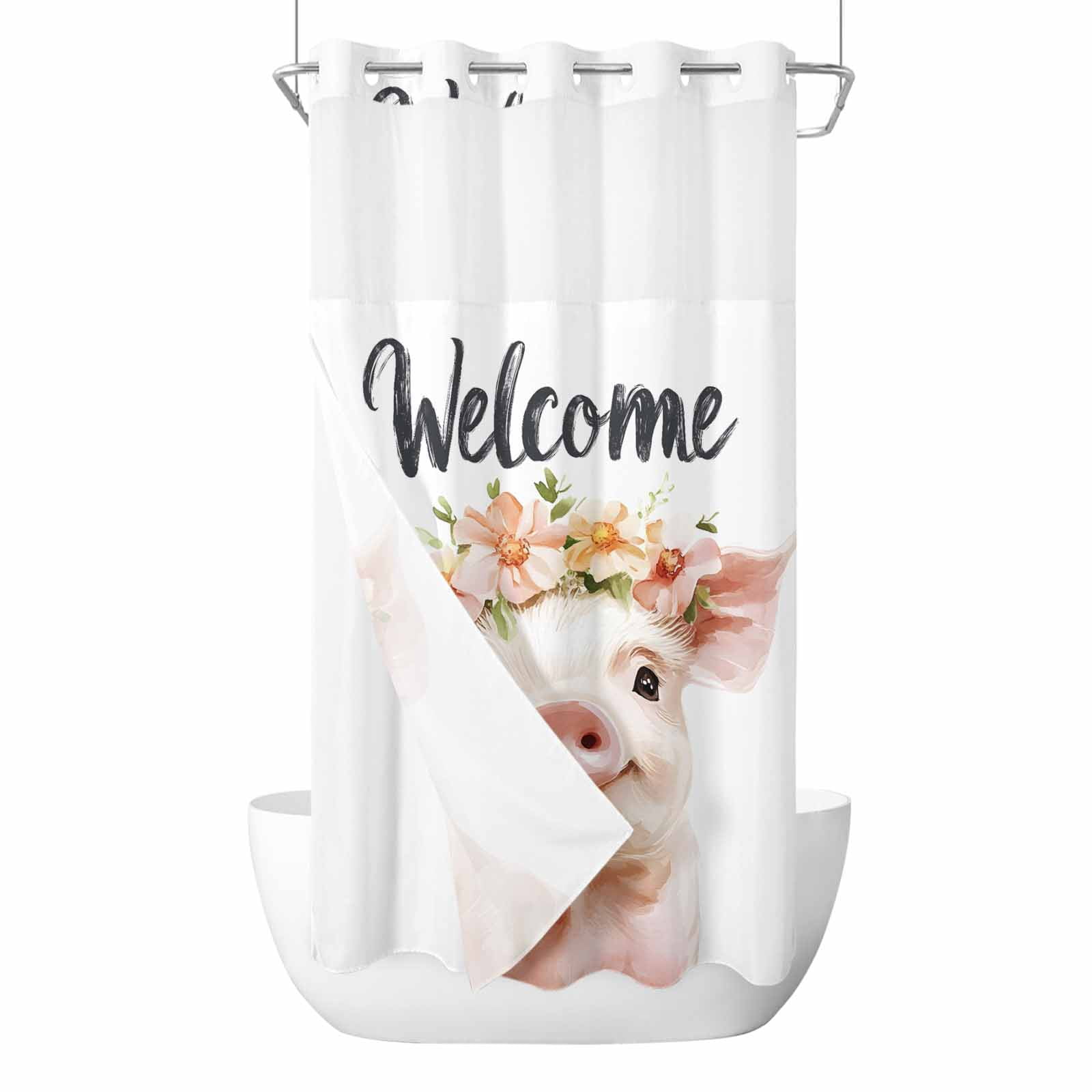 Cute Pig No Hooks Shower Curtain with Snap-in Liner Welcome Shower ...