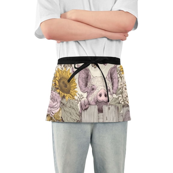 Cute Pig Peek over Behind Fence Flowers Short Server Apron with 3 Pockets for Unisex Chef Gardening