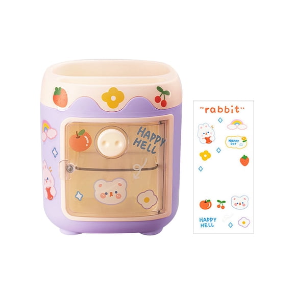 Cute Pig Pen Holder, Creative Cute Pencil Holder with Sticker, Cute Cosmetic Storage & Desktop Stationery Set (Purple) 4.33x4.72"