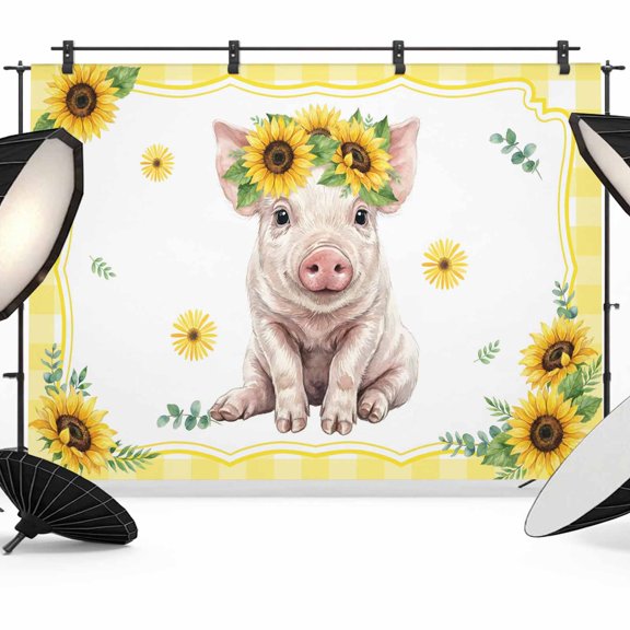 Cute Pig Photography Backdrop 7x5FT, Sunflower Daisy Yellow Plaid Summer Field Photo Backdrops, Background for Photography Studio Photo Studio Background, Back Drop for Photoshoot