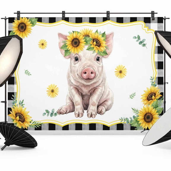 Cute Pig Photography Backdrop 7x5FT, Yellow Sunflower Daisy Black Plaid Summer Field Photo Backdrops, Background for Photography Studio Photo Studio Background, Back Drop for Photoshoot