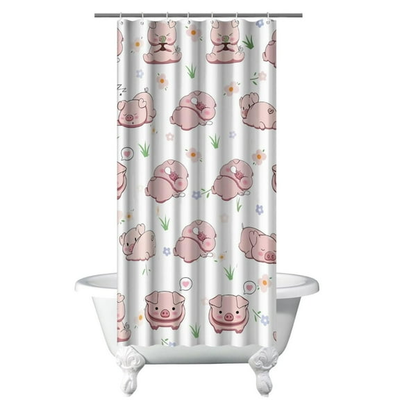 Cute Pig Print Shower Curtain - Farm Animal Cartoon Watercolor Funny Aesthetic Design, 36x72 Inch Waterproof Bathroom Curtain with Metal Grommets & 12 Hooks