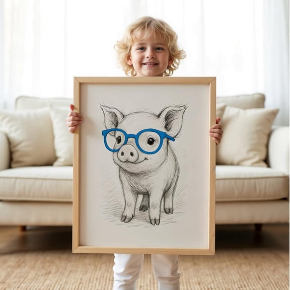 Cute Pig Print with Glasses, Nursery Farm Animal Art, Animal Sketch Poster Poster Decor, Stretched Canvas Size 16x24