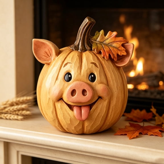 Cute Pig Pumpkin Resin Figurine, Fall Farm Animal Statue Table Decor