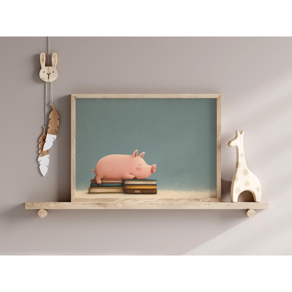 Cute Pig Reading Art Animal Study Room Print Classroom Books Printable Baby Learning Decor Fun School, Unframed Paper Poster 8x10in