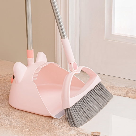 Cute Pig Shaped Broom and Dustpan Set, Upright Standing Sweeping Combo with Built-In Hair Removal Comb, Long Handle Non-Stick Pet Hair Floor Cleaning Tool for Household Indoor Use