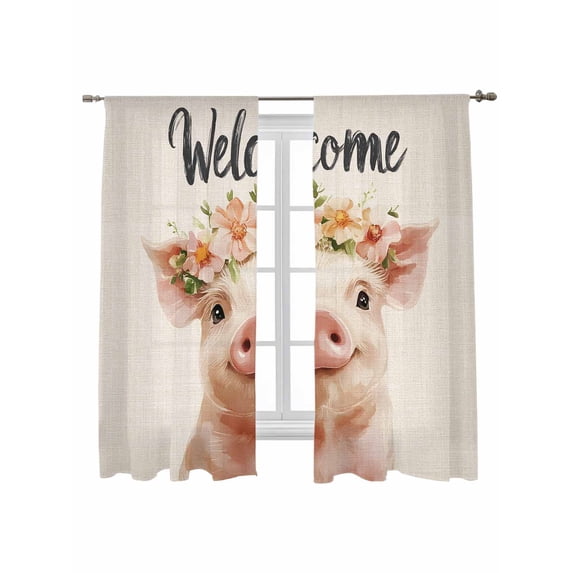 Cute Pig Sheer Curtains 2 Panels Set Welcome Garland Rustic Lihgt Filtering Rod Pocket Voile Drape, Semi Sheer Window Curtains for Bedroom Living Room, 52"x63"