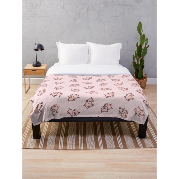 Cute Pig Sherpa Throw Blanket, Pink Cartoon Piglet Pattern Polyester Fleece Blanket, 2-Layer Sherpa Back, Multiple Sizes