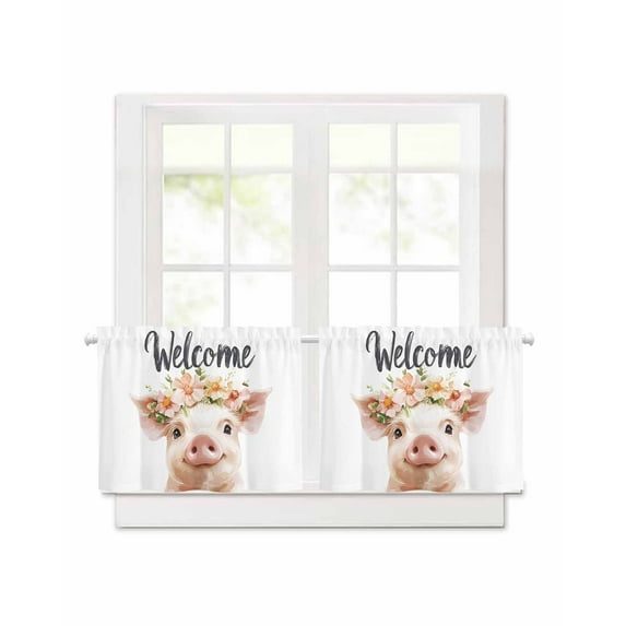 Cute Pig Short Blackout Curtains 30 Inch Long Welcome Garland Rod Pocket Kitchen Curtains, 2 Panels Thermal Insulated Room Darkening Drapes for Bedroom, 42"W x 30"L