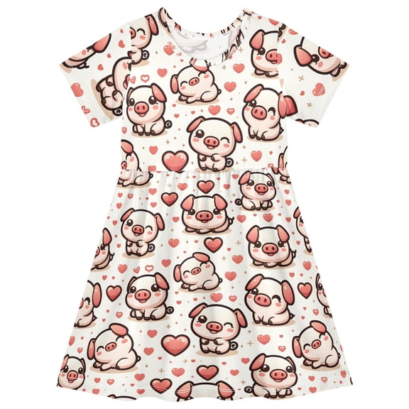 Cute Pig Short Sleeve Dress A-Line Cute Midi Casual Sundress 2-8 Years