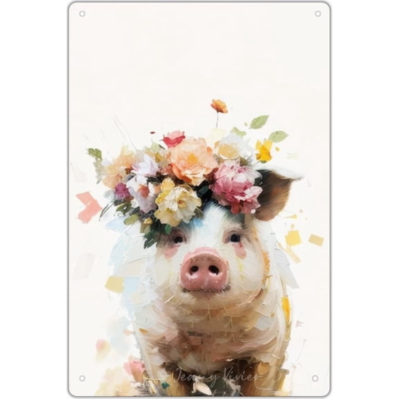 Cute Pig Sign, Pink Pig Poster, Floral Piggies for Girl Bedroom Decor, Pig Themed Gifts For Women, Wreath Sign With Pigs for Home Office Room Coffee Bar Shop Wall Decor 12x8 Inches