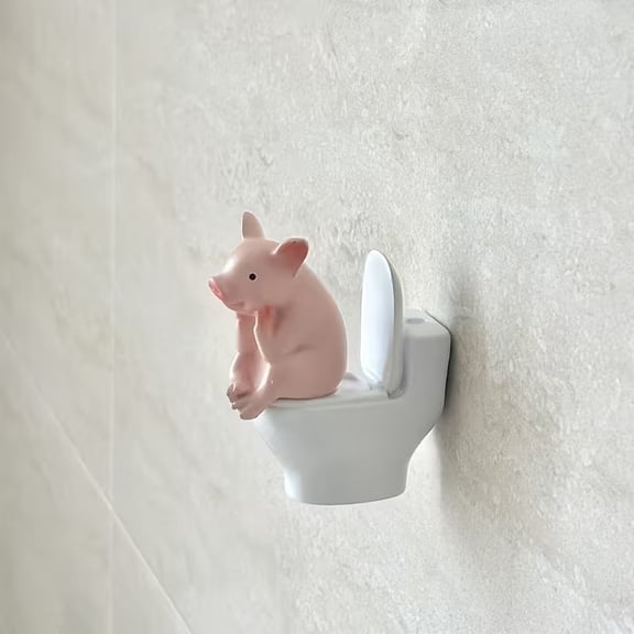 Cute Pig Sitting on Toilet Figurine - Whimsical PVC Bathroom Decor for Home and Office