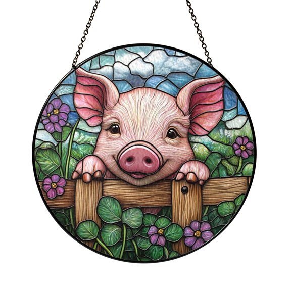 Cute Pig Stained Glass Suncatcher Window Hanging, Farmhouse Animal Window Decor for Country Style Home
