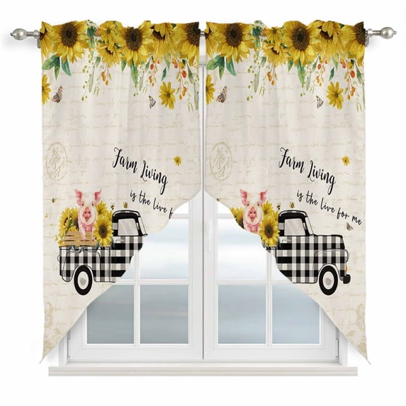Cute Pig Swag Valances for Windows, Kitchen Window Curtains Over Sink, County Sunflowers Truck Farmhouse Black White Plaid Window Treatment Curtains for Living Room/Bedroom 2 Panel Sets 36"x45"